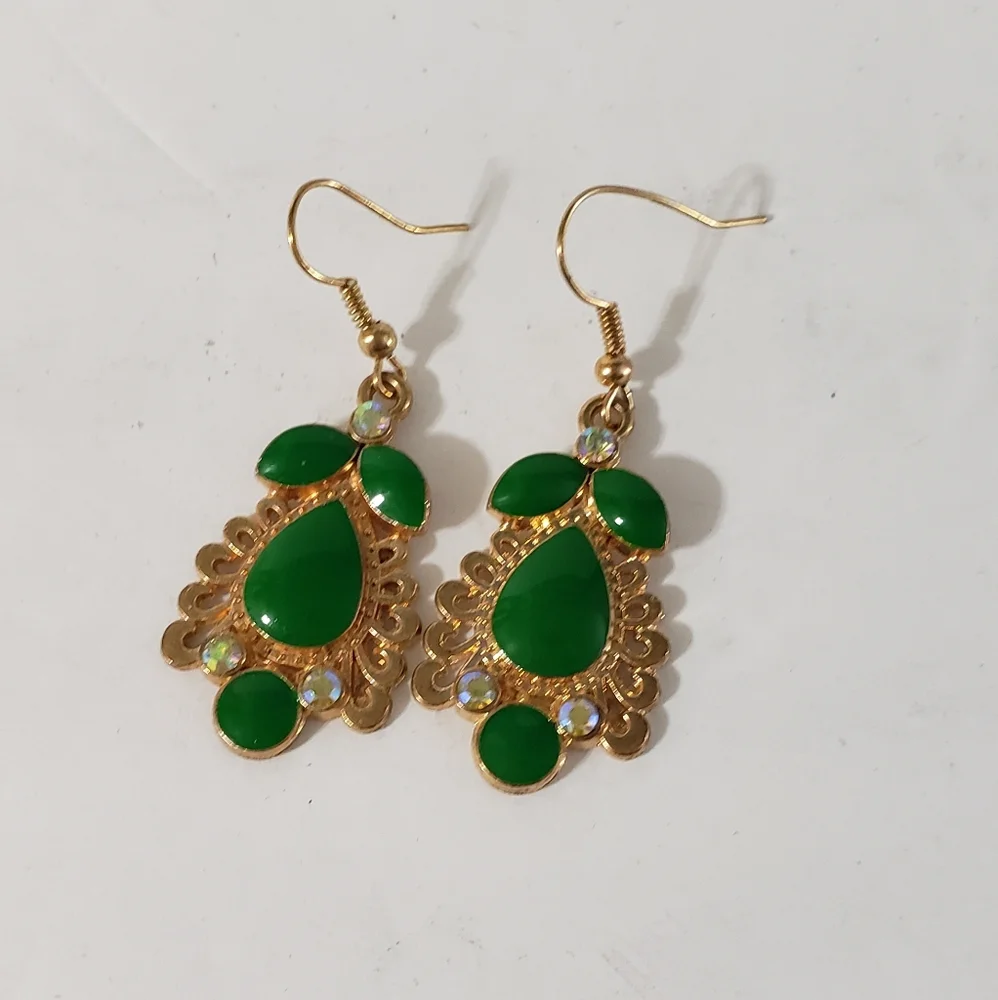 Boho Gold Tone Green Earrings